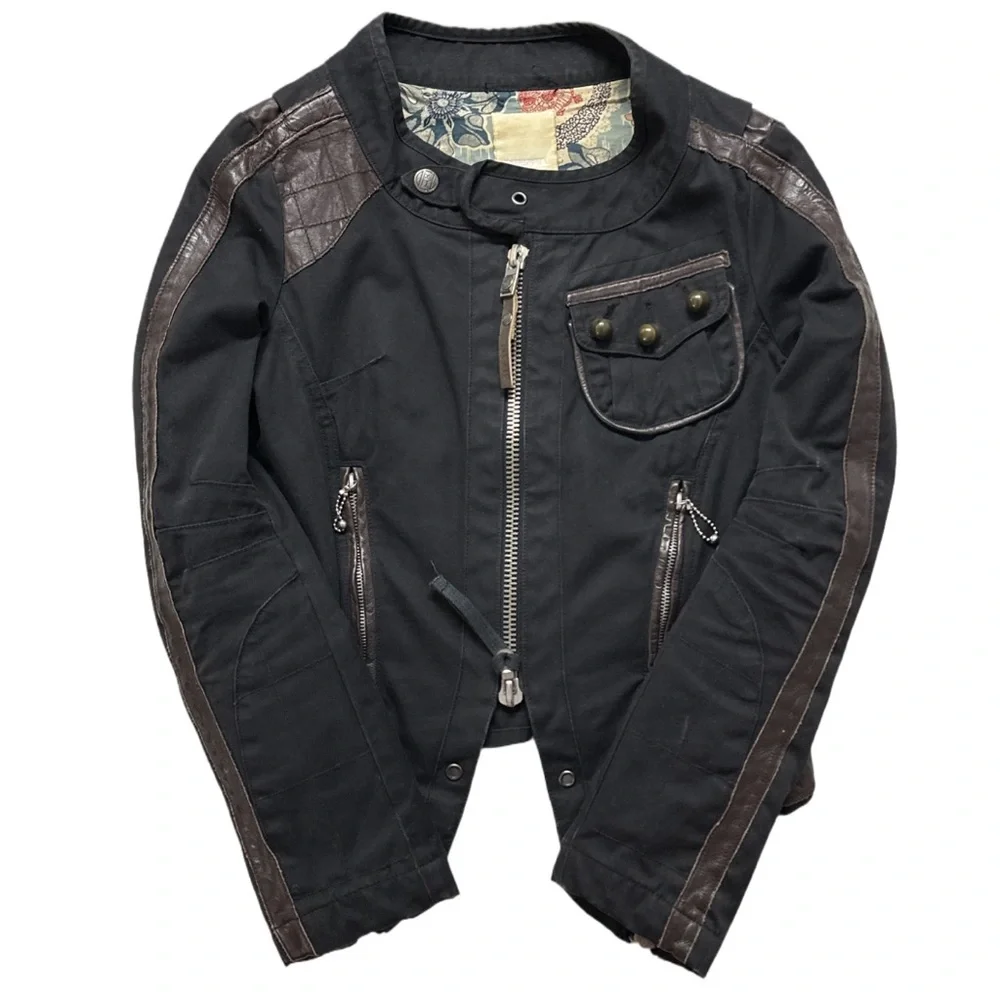 Y2K DIESEL rare black slim fitted nightriders leather trim jacket, S. - Picture 5 of 8